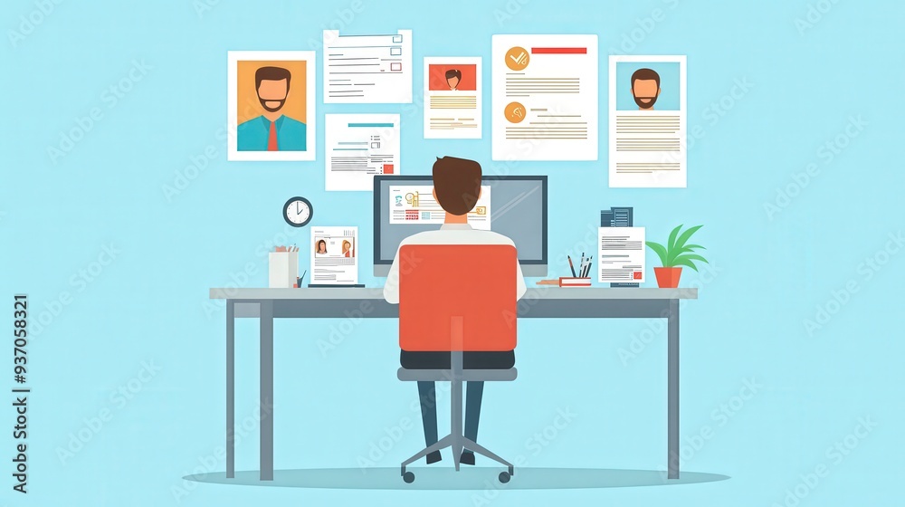 Modern Human Resources Manager in Flat Design Illustration: Recruitment, Employee Relations, and Development in Action Modern Human Resources Manager in Flat Design Illustration: Recruitment, Employee Relations, and Development in Action