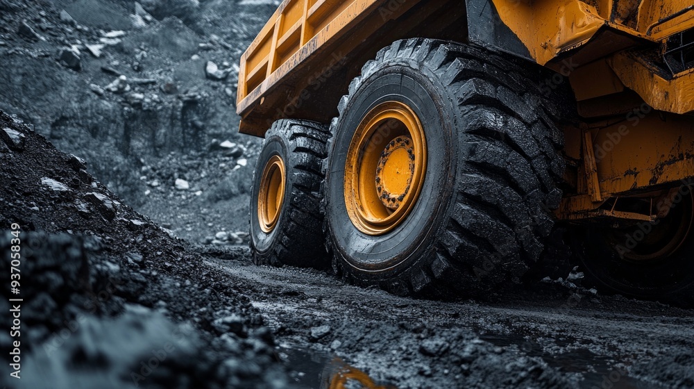 Close-Up of a Dump Truck Wheel in a Coal Mine Close-Up of a Dump Truck Wheel in a Coal Mine