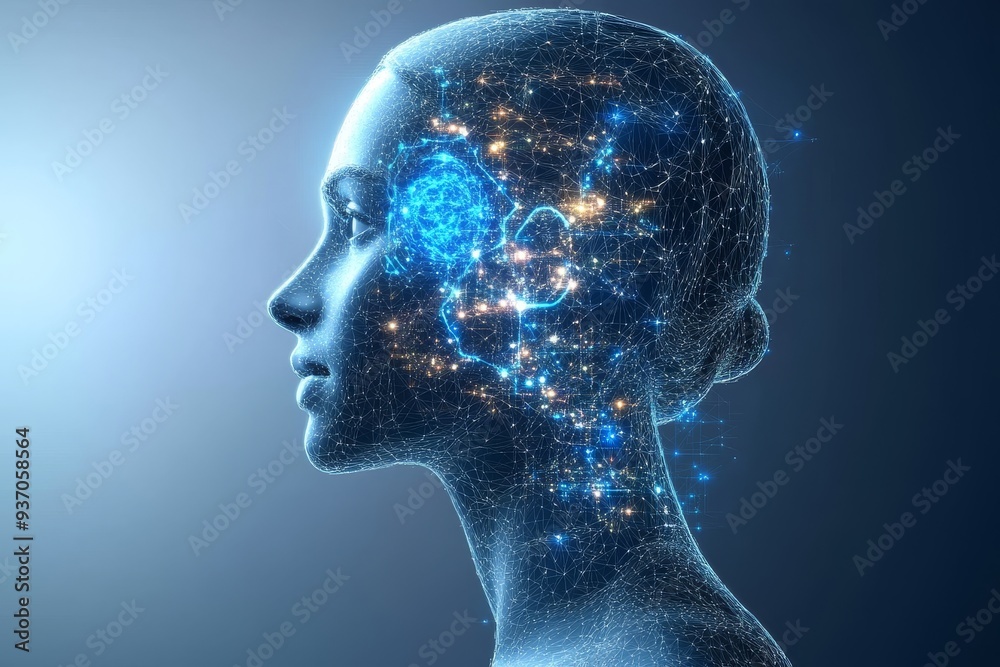 A human face overlaid with a digital network of glowing circuits representing the interconnectedness of human thought and technology in the modern digital era A human face overlaid with a digital network of glowing circuits representing the interconnectedness of human thought and technology in the modern digital era