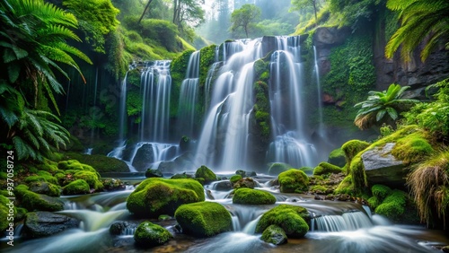 Ethereal Waterfalls: snap the mesmerizing, rain-fed waterfalls, cascading down mossy rocks, surrounded by misty, emerald-green ferns, and sparkling with droplets.