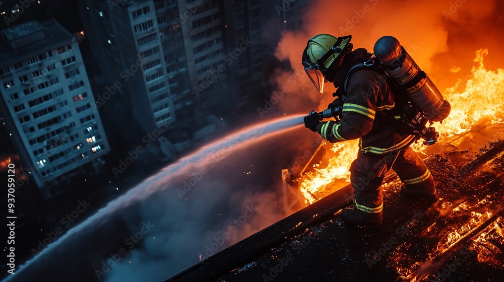 firefighter in full gear battling intense flames from a burning building at night, copy space firefighter in full gear battling intense flames from a burning building at night, copy space