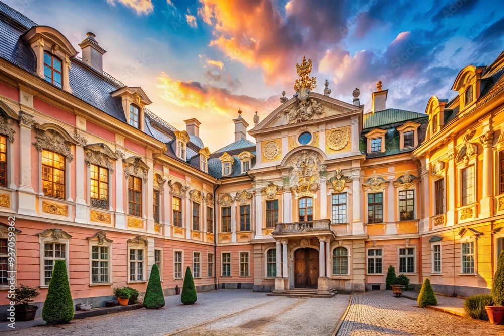 Fototapeta premium ornate baroque palace ornamental plaster moldings in pastel hues adorned with gilded details amidst rustic courtyard's warm afternoon light