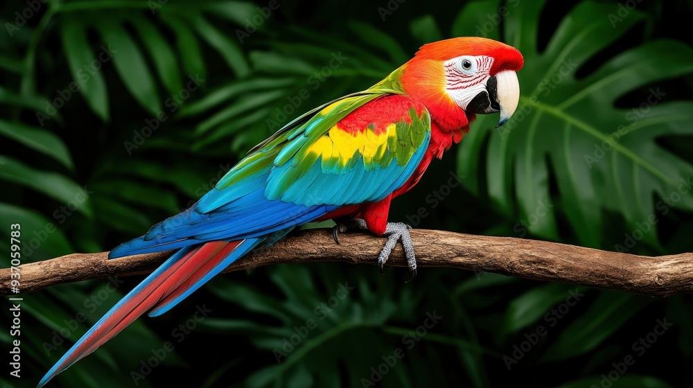 Colorful Macaw Parrot Perched on a Branch in Tropical Rainforest Colorful Macaw Parrot Perched on a Branch in Tropical Rainforest