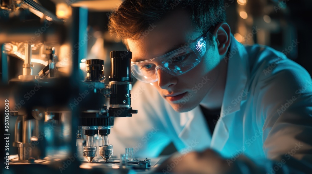 Focused Young Scientist Working With Microscope in Laboratory