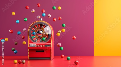 lottery machine with balls inside isolated on colorful background
