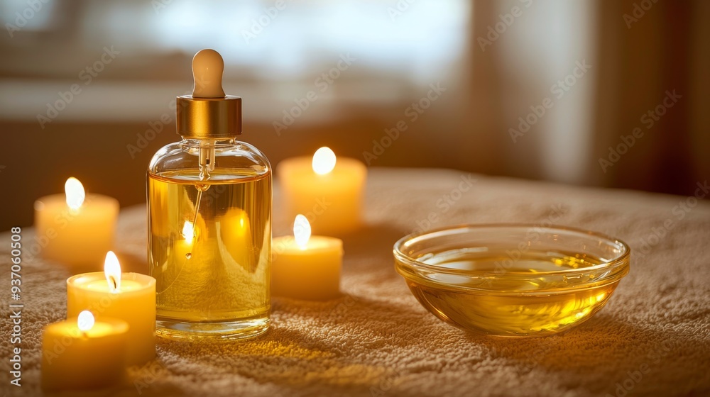 peaceful and inviting massage setup with a bottle of massage oil, a clear glass bowl filled with oil, and aromatic candles placed on a massage table peaceful and inviting massage setup with a bottle of massage oil, a clear glass bowl filled with oil, and aromatic candles placed on a massage table