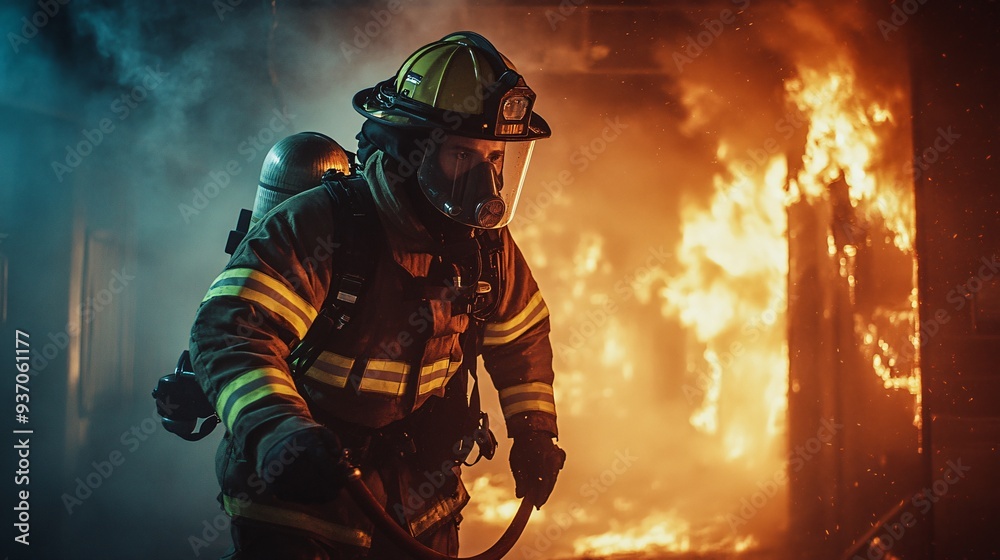 Fototapeta premium firefighter in full gear battling intense flames from a burning building at night, copy space
