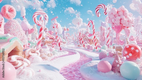 Candy Land Landscape with Candy Cane Trees and Pink Clouds