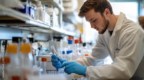 Lab Technician in a White Coat Working with a Test Tube