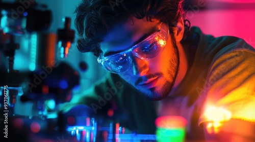 Focused Scientist in Neon Lit Lab