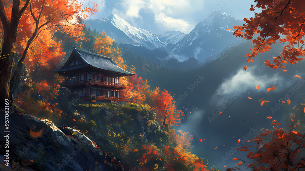 Charming LOFI Autumn House in Forest with Warm Colors and Cozy Atmosphere Charming LOFI Autumn House in Forest with Warm Colors and Cozy Atmosphere
