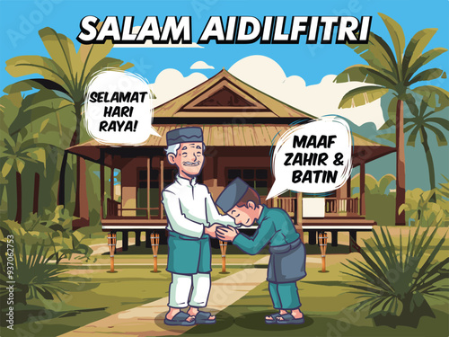 Salam Aidilfitri Cartoon Style Kids Ask Forgiveness