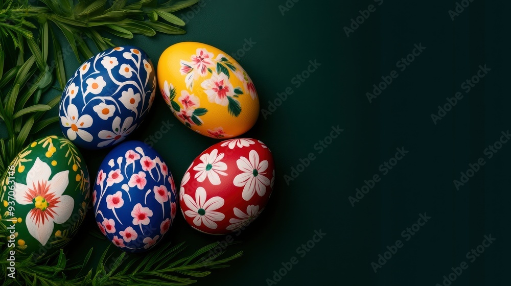 Easter Eggs with Floral Designs on Dark Green Background Easter Eggs with Floral Designs on Dark Green Background