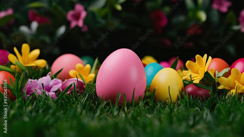 Colorful Easter Eggs in Grass with Spring Flowers Colorful Easter Eggs in Grass with Spring Flowers