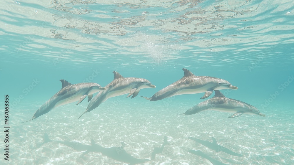 Obraz premium Underwater Dolphin Family Swimming in Clear Turquoise Water