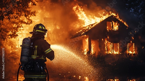  firefighter in full gear battling intense flames from a burning building at night, copy space