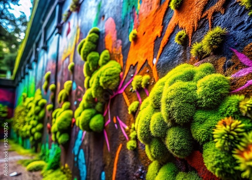 Vibrant moss explosion on graffiti wall, bold colors, high contrast, edgy style, urban grit, rebellion, nonconformity, freedom. photo