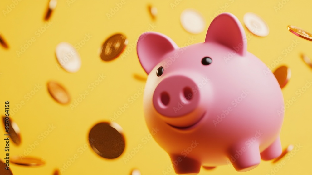 Pink Piggy Bank with Falling Coins