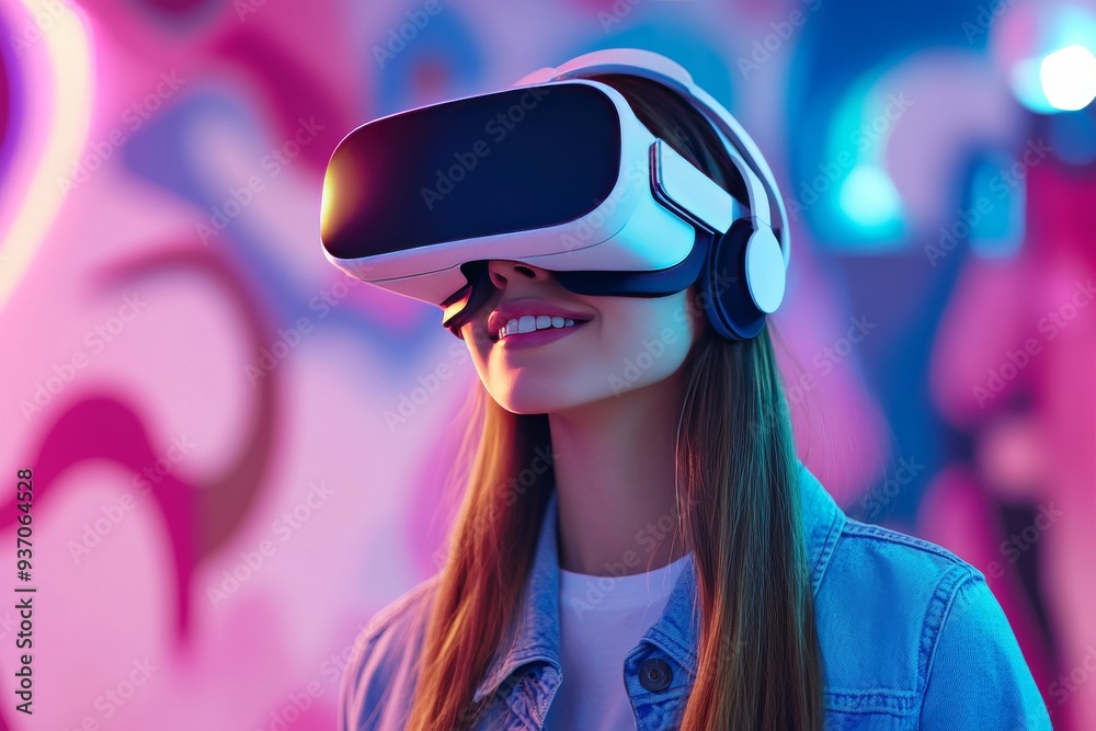 A woman wearing a VR headset in a colorful futuristic environment symbolizing the playful and immersive nature of virtual reality in modern entertainment A woman wearing a VR headset in a colorful futuristic environment symbolizing the playful and immersive nature of virtual reality in modern entertainment