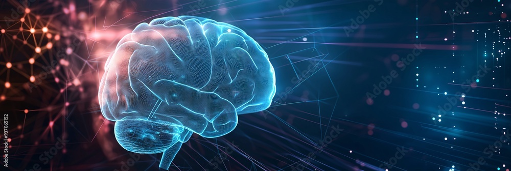 Obraz premium glow polygon brain on digital background with copy space for web banner