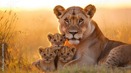Lioness with Cubs at Golden Hour in African Savanna