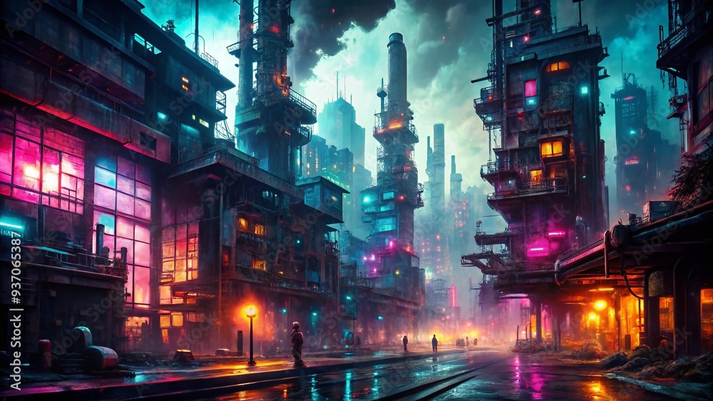 Fototapeta premium futuristic neon lights cityscape cyberpunk dark moody gritty industrial urban decay abandoned streets dystopian atmospheric mysterious high-tech world gloomy ambiance