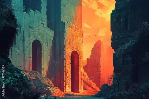 Ruins of an ancient city with a large arched doorway at sunset