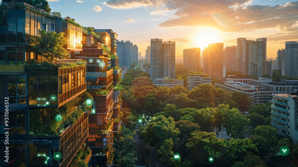 Obraz premium A visually engaging image showcasing sustainable real estate with green building, renewable energy, eco-materials, and community focus, highlighting long-term benefits.