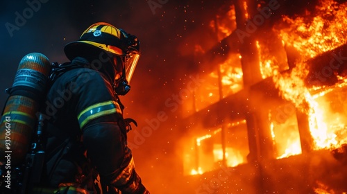  firefighter in full gear battling intense flames from a burning building at night, copy space