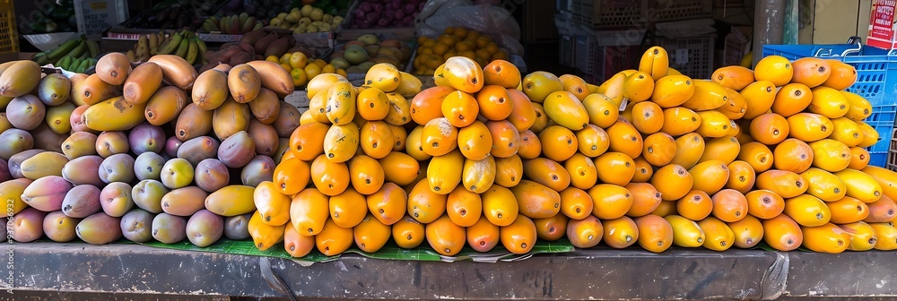 A vibrant fruit stall in a bustling market, displaying an abundance of fresh produce. The fruits are carefully arranged in wooden crates and baskets, creating an enticing display A vibrant fruit stall in a bustling market, displaying an abundance of fresh produce. The fruits are carefully arranged in wooden crates and baskets, creating an enticing display