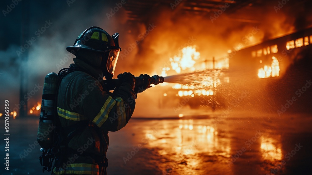 Naklejka premium firefighter in full gear battling intense flames from a burning building at night, copy space
