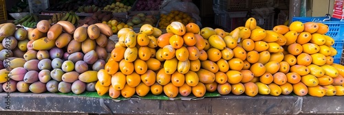 A vibrant fruit stall in a bustling market, displaying an abundance of fresh produce. The fruits are carefully arranged in wooden crates and baskets, creating an enticing display