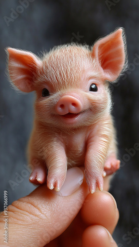 The world s smallest laughing baby Piggy, perched on someone finger, is undoubtedly cute and charming. photo