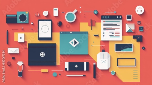 Modern Flat Design Illustration for Web and App Interfaces with Geometric Shapes and Minimal Elements