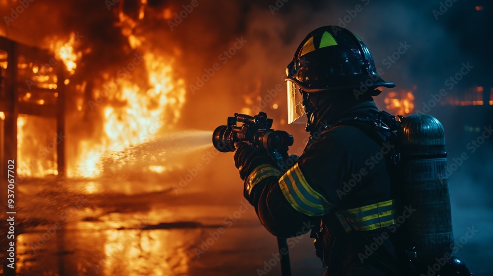 firefighter in full gear battling intense flames from a burning building at night, copy space firefighter in full gear battling intense flames from a burning building at night, copy space