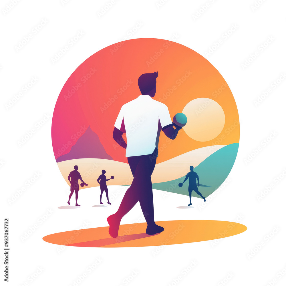 Obraz premium Silhouette of a man playing sports, throwing a ball, with a sunset background.