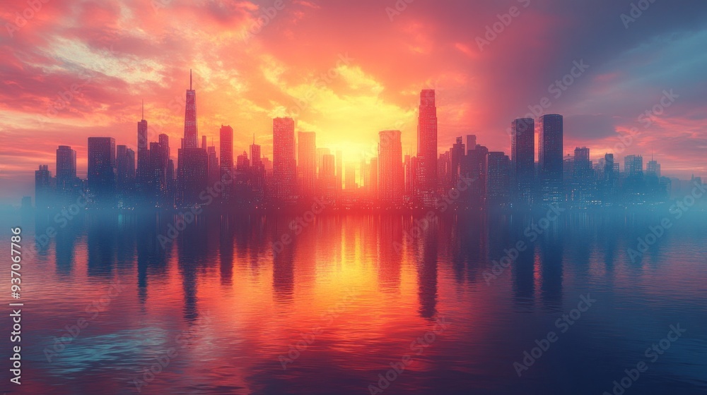 Cityscape at Sunset with Reflections in Water Cityscape at Sunset with Reflections in Water
