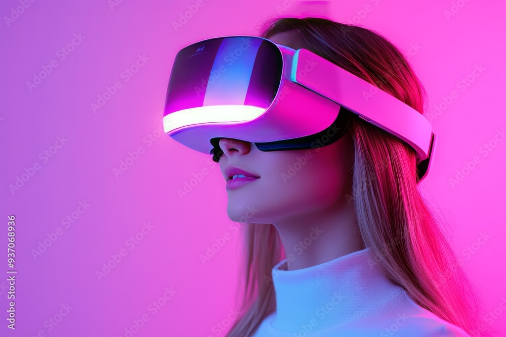 A woman wearing VR goggles in a neon lit environment with pink and blue hues symbolizing the futuristic and immersive nature of virtual reality experiences in a dynamic world A woman wearing VR goggles in a neon lit environment with pink and blue hues symbolizing the futuristic and immersive nature of virtual reality experiences in a dynamic world
