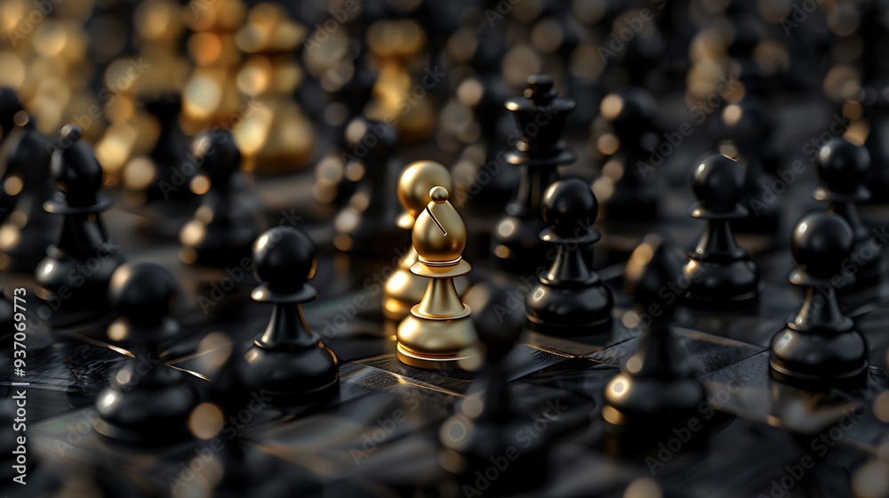 many black pawns going on the same direction and a golden one going on the opposite side many black pawns going on the same direction and a golden one going on the opposite side