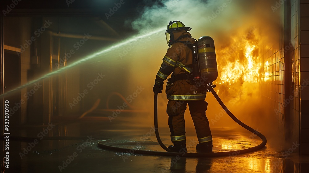 Fototapeta premium firefighter in full gear battling intense flames from a burning building at night, copy space