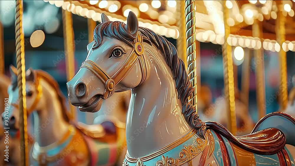 A traditional carousel at a fair or amusement park pastel colors