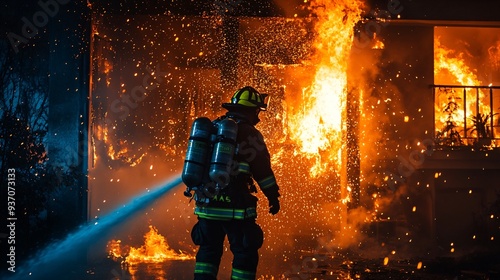 firefighter in full gear spraying water on a burning building at night, copy space