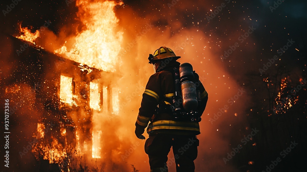 firefighter in full gear spraying water on a burning building at night, copy space firefighter in full gear spraying water on a burning building at night, copy space