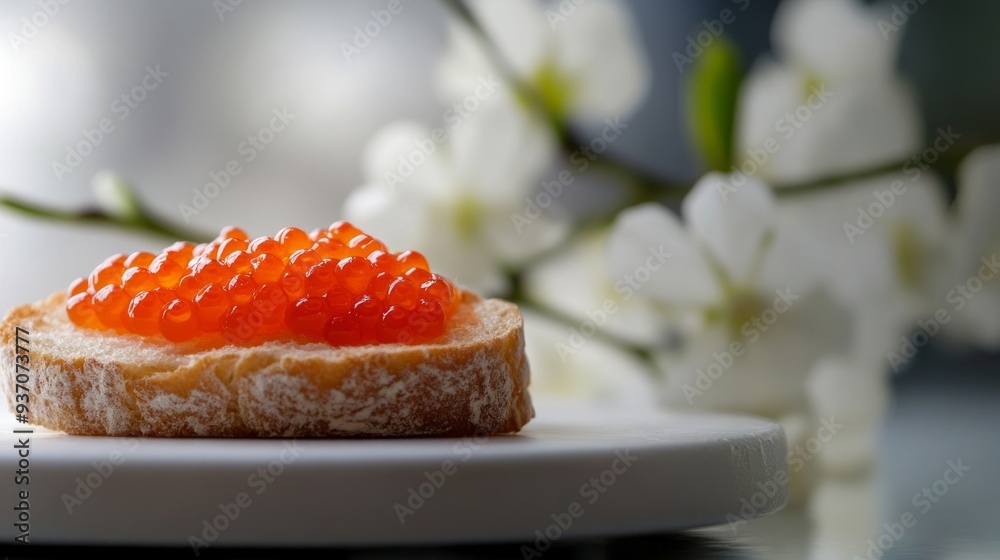 Red Caviar on a Bread Slice with White Flowers in the Background Red Caviar on a Bread Slice with White Flowers in the Background