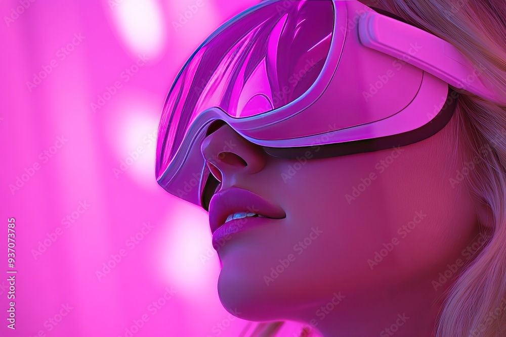 Profile of a woman in pink VR goggles bathed in vibrant pink light exploring the creative and immersive possibilities of a digital world filled with fantasy and innovation Profile of a woman in pink VR goggles bathed in vibrant pink light exploring the creative and immersive possibilities of a digital world filled with fantasy and innovation