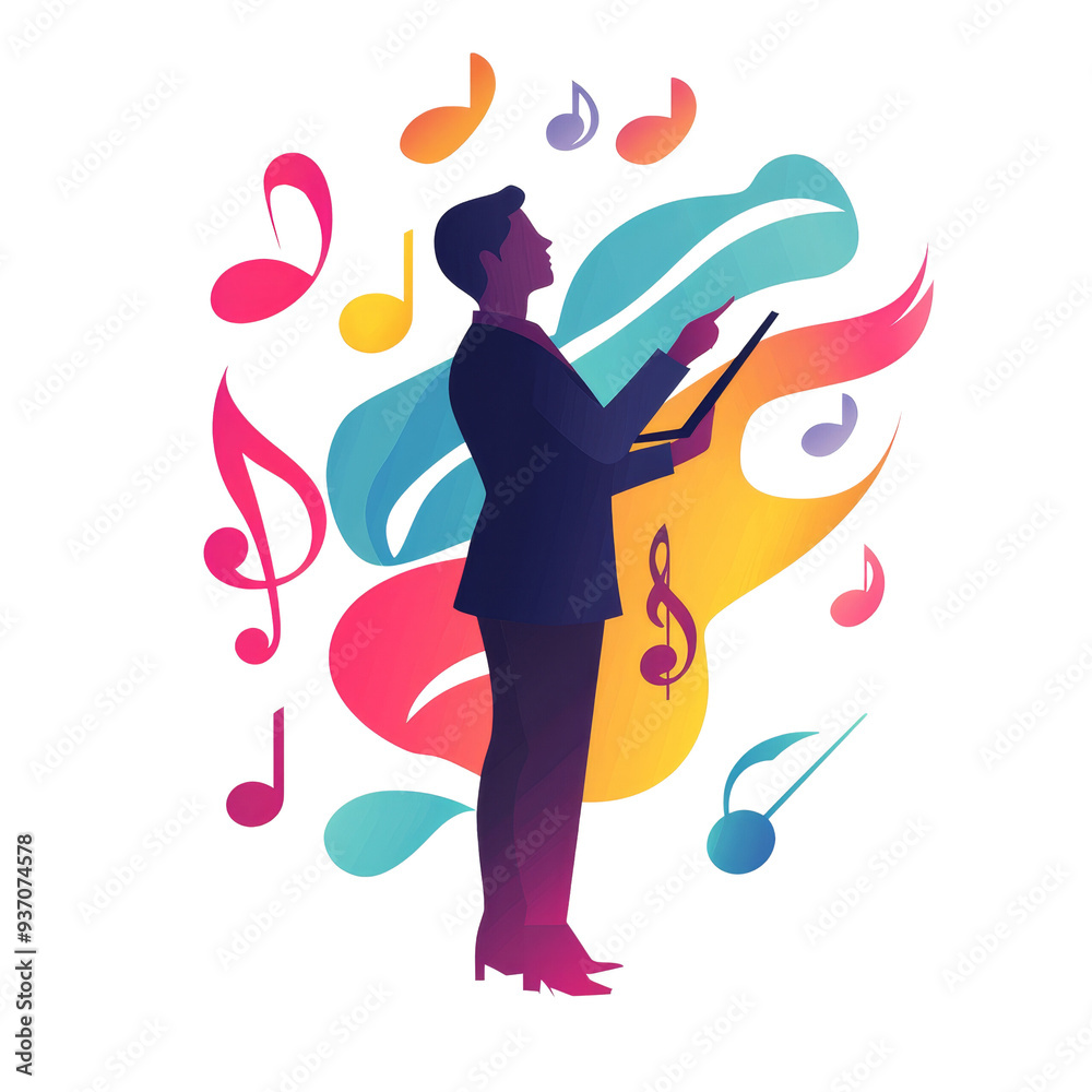 A conductor stands amidst a vibrant swirl of colorful musical notes. The image symbolizes the power and emotion of music. A conductor stands amidst a vibrant swirl of colorful musical notes. The image symbolizes the power and emotion of music.