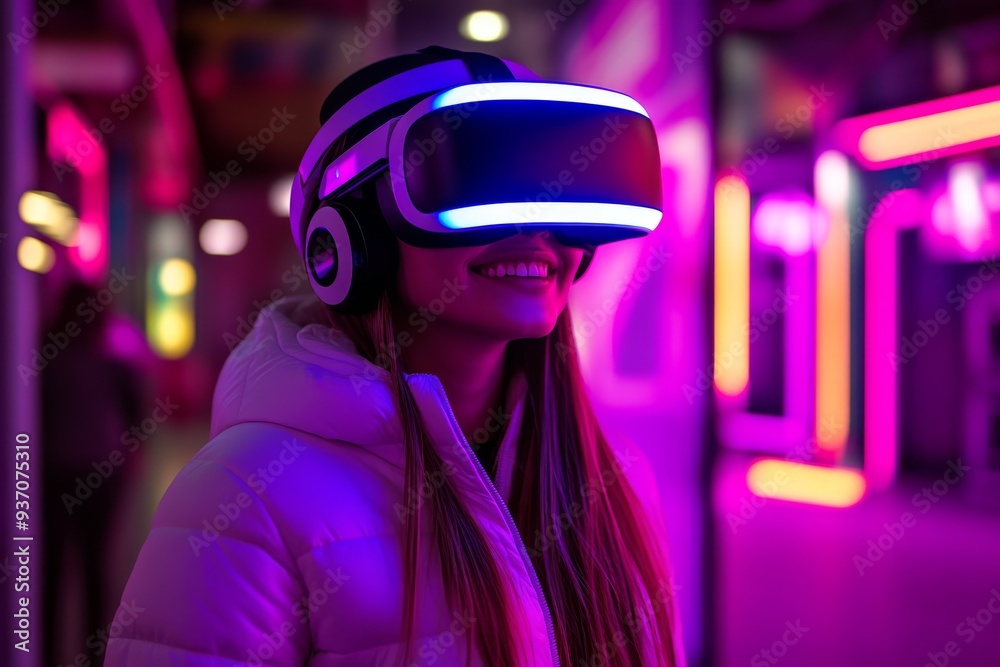 Stylish woman in a VR headset exploring a vibrant neon lit urban environment experiencing the future of technology and entertainment in a dynamic immersive virtual world Stylish woman in a VR headset exploring a vibrant neon lit urban environment experiencing the future of technology and entertainment in a dynamic immersive virtual world