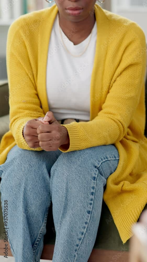 Mental health, woman and nervous with hands in therapy consultation for stress, anxiety and ptsd. Psychology, patient and counseling for depression evaluation, worry and trauma body language for help