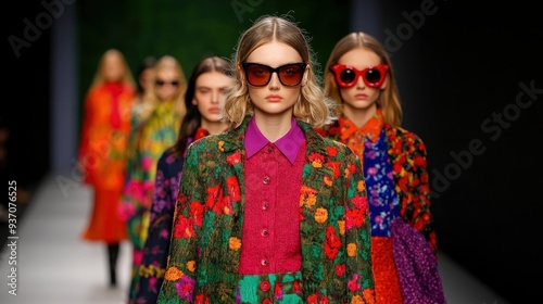 Fashion Models on Runway in Colorful Floral Outfits and Sunglasses