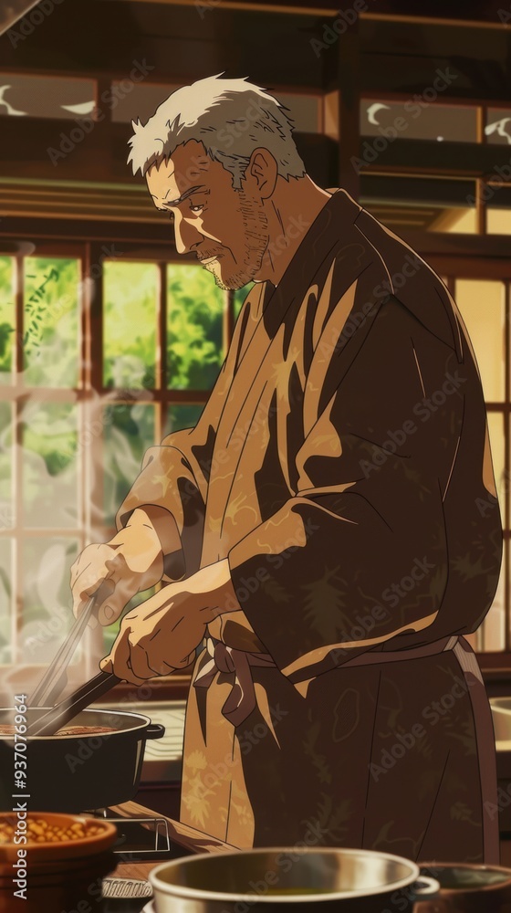 An older father stirs a pot on the stove, surrounded by sunlight pouring through the windows in a cozy kitchen An older father stirs a pot on the stove, surrounded by sunlight pouring through the windows in a cozy kitchen